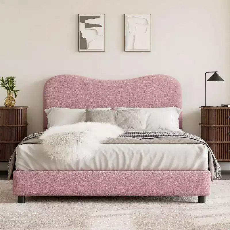 Cadre de lit double/grand lit/très grand lit avec tête de lit capitonnée en bouclé nuage, plateforme basse, lattes en bois robustes, silencieux, aucun sommier tapissier requis