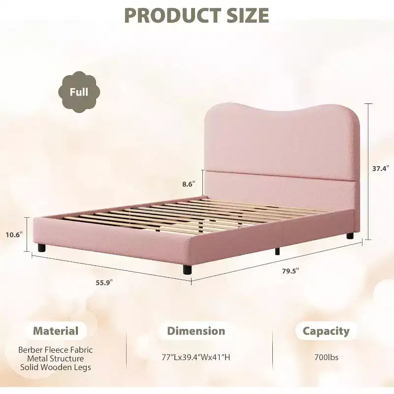 Cadre de lit double/grand lit/très grand lit avec tête de lit capitonnée en bouclé nuage, plateforme basse, lattes en bois robustes, silencieux, aucun sommier tapissier requis