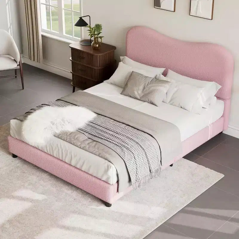 Cadre de lit double/grand lit/très grand lit avec tête de lit capitonnée en bouclé nuage, plateforme basse, lattes en bois robustes, silencieux, aucun sommier tapissier requis