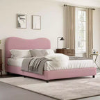 Cadre de lit double/grand lit/très grand lit avec tête de lit capitonnée en bouclé nuage, plateforme basse, lattes en bois robustes, silencieux, aucun sommier tapissier requis