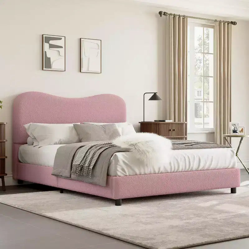 Cadre de lit double/grand lit/très grand lit avec tête de lit capitonnée en bouclé nuage, plateforme basse, lattes en bois robustes, silencieux, aucun sommier tapissier requis