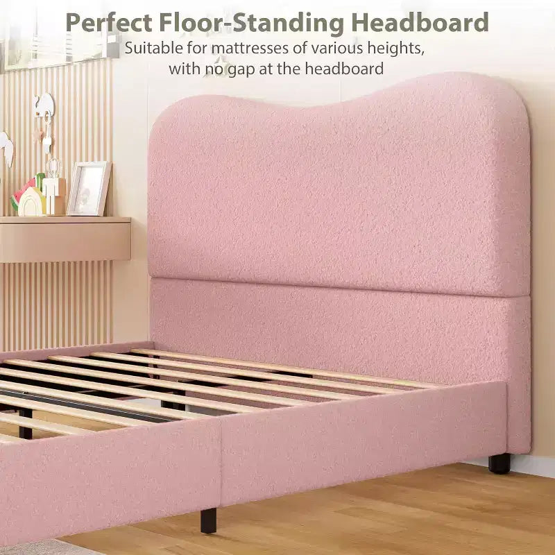 Cadre de lit double/grand lit/très grand lit avec tête de lit capitonnée en bouclé nuage, plateforme basse, lattes en bois robustes, silencieux, aucun sommier tapissier requis