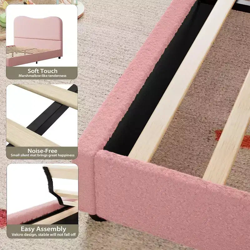 Cadre de lit double/grand lit/très grand lit avec tête de lit capitonnée en bouclé nuage, plateforme basse, lattes en bois robustes, silencieux, aucun sommier tapissier requis
