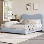 Cadre de lit double/grand lit/très grand lit avec tête de lit capitonnée en bouclé nuage, plateforme basse, lattes en bois robustes, silencieux, aucun sommier tapissier requis