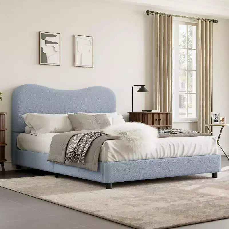 Cadre de lit double/grand lit/très grand lit avec tête de lit capitonnée en bouclé nuage, plateforme basse, lattes en bois robustes, silencieux, aucun sommier tapissier requis