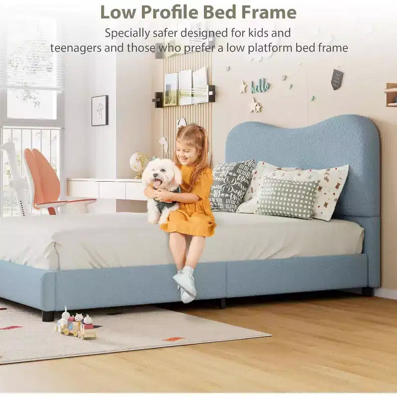 Cadre de lit double/grand lit/très grand lit avec tête de lit capitonnée en bouclé nuage, plateforme basse, lattes en bois robustes, silencieux, aucun sommier tapissier requis