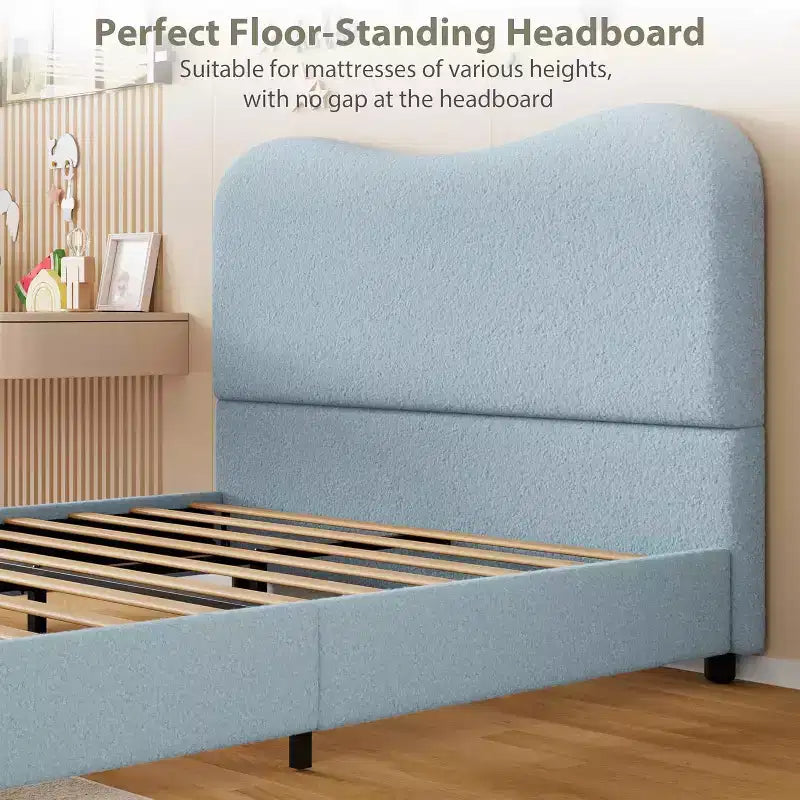 Cadre de lit double/grand lit/très grand lit avec tête de lit capitonnée en bouclé nuage, plateforme basse, lattes en bois robustes, silencieux, aucun sommier tapissier requis