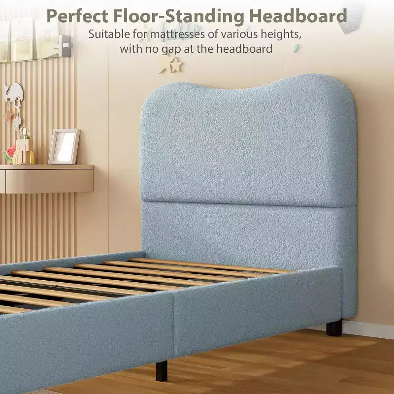 Cadre de lit double/grand lit/très grand lit avec tête de lit capitonnée en bouclé nuage, plateforme basse, lattes en bois robustes, silencieux, aucun sommier tapissier requis