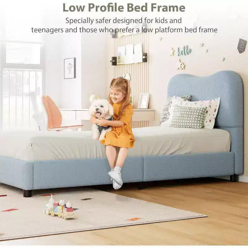Cadre de lit double/grand lit/très grand lit avec tête de lit capitonnée en bouclé nuage, plateforme basse, lattes en bois robustes, silencieux, aucun sommier tapissier requis