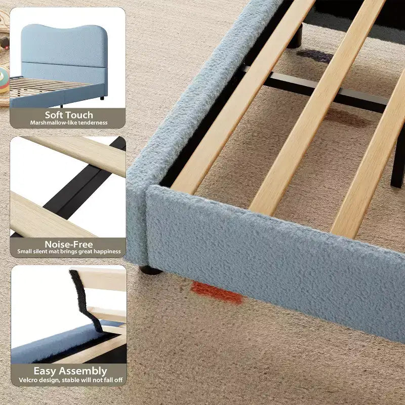 Cadre de lit double/grand lit/très grand lit avec tête de lit capitonnée en bouclé nuage, plateforme basse, lattes en bois robustes, silencieux, aucun sommier tapissier requis