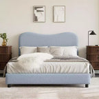 Cadre de lit double/grand lit/très grand lit avec tête de lit capitonnée en bouclé nuage, plateforme basse, lattes en bois robustes, silencieux, aucun sommier tapissier requis
