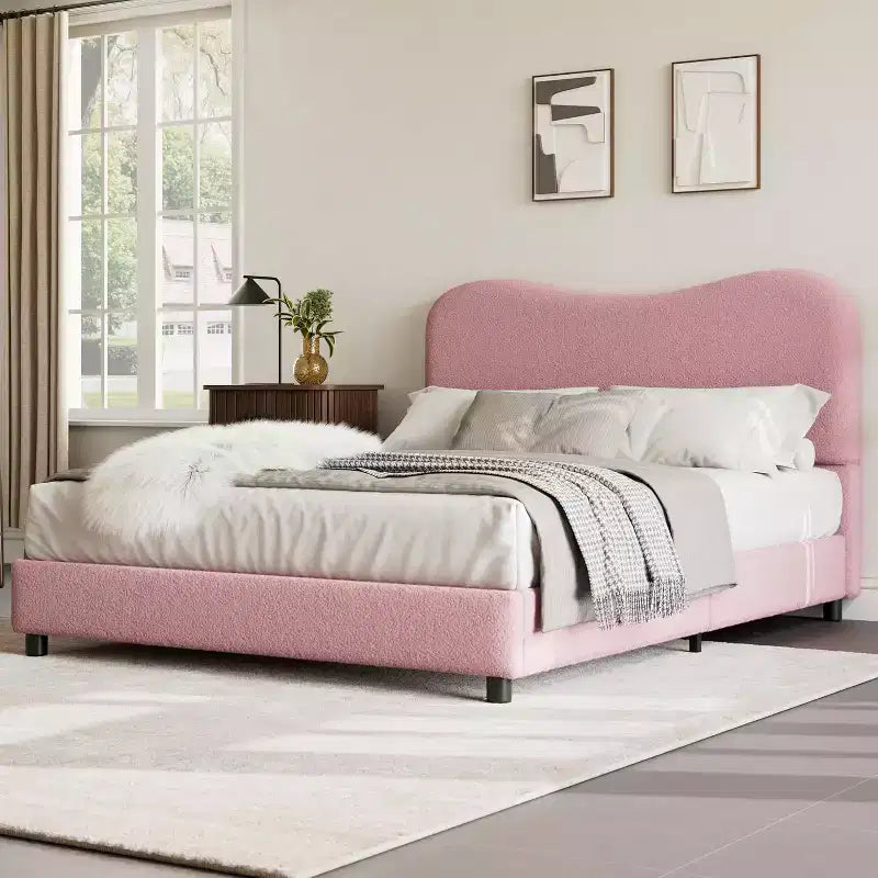 Cadre de lit double/grand lit/très grand lit avec tête de lit capitonnée en bouclé nuage, plateforme basse, lattes en bois robustes, silencieux, aucun sommier tapissier requis