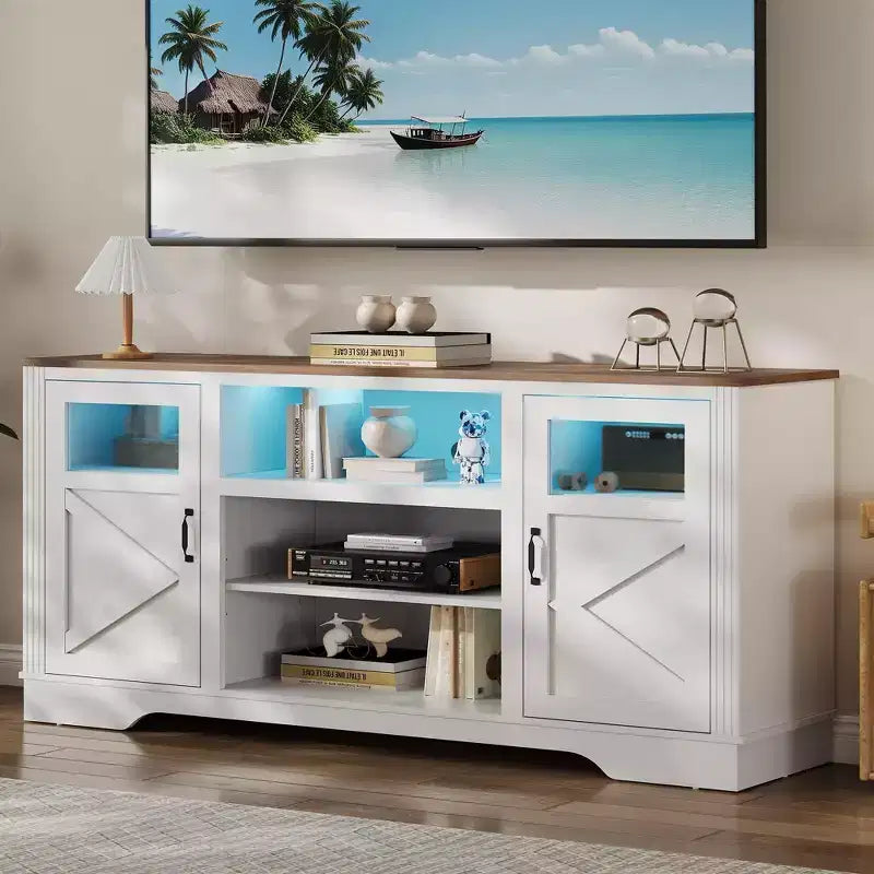 GustoWave Farmhouse TV Media Console Table for up to 65 Inch TV, 34.4 Tall TV Stand with Storage & LED Light