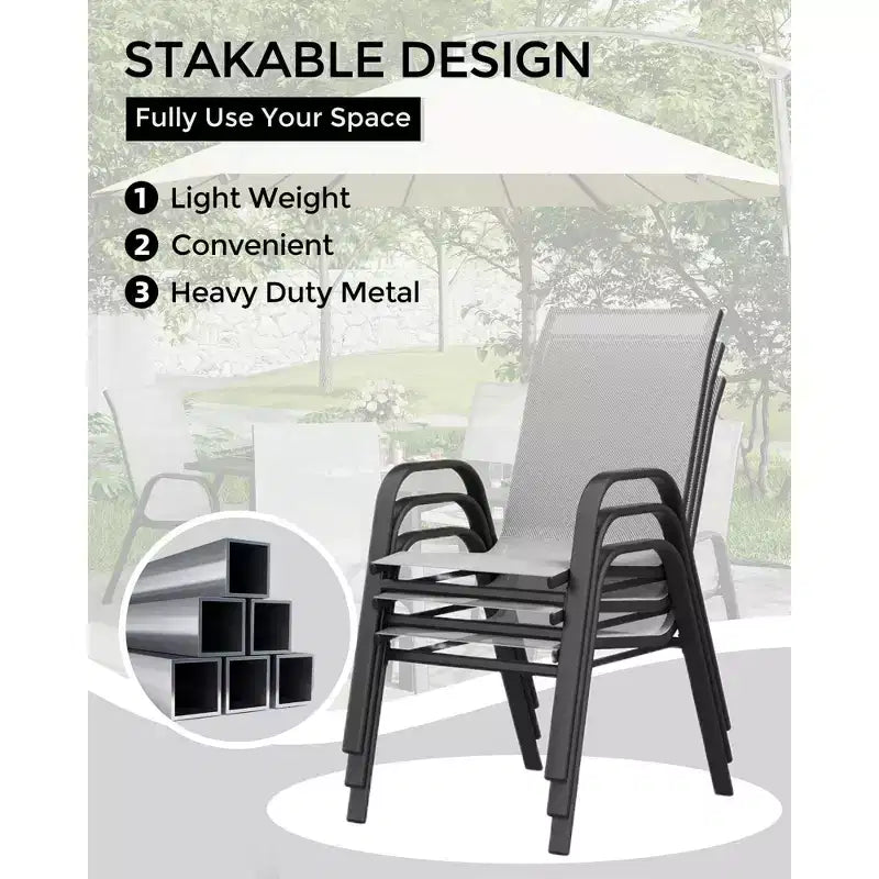 Lot de 4 Chaises de Salle à Manger Empilables, Chaises Empilables avec Tissu Textilène Respirant et Cadre en Métal, Sièges de Repas Extérieurs pour Patio, Terrasse, Jardin