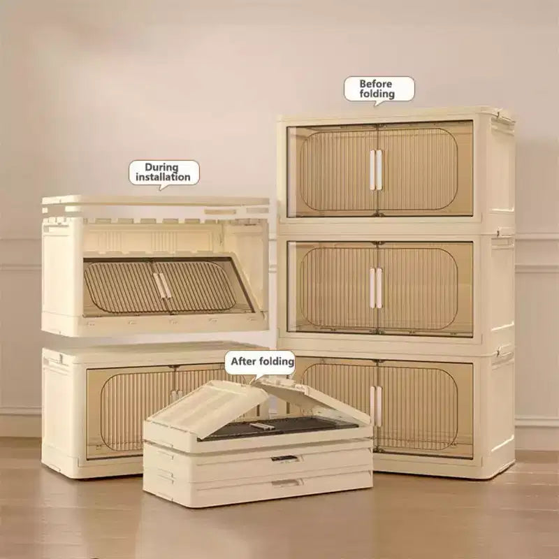 3 Tiers/4 Tiers/5 Tiers Collapsible Storage Bins, Foldable Storage Cabinet With Magnetic Door Lockable Wheels, Stackable Storage Containers