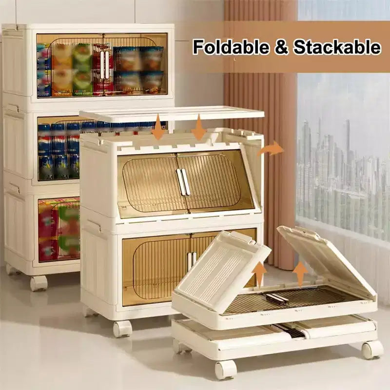 3 Tiers/4 Tiers/5 Tiers Collapsible Storage Bins, Foldable Storage Cabinet With Magnetic Door Lockable Wheels, Stackable Storage Containers