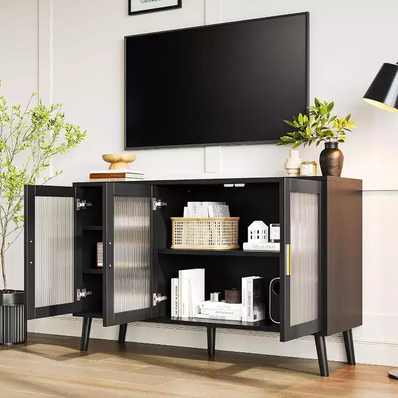 Acekool 48 Large TV Console Storage Cabinet, Modern Stand with 3 Fluted Glass Doors, 5 Adjustable Shelves, Black for Living Room
