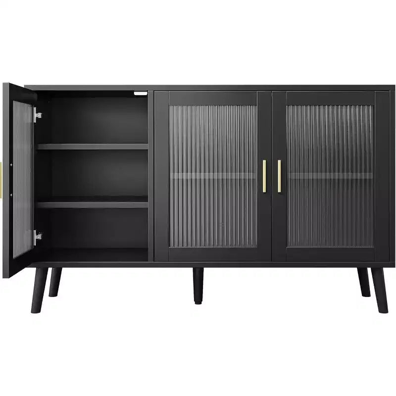 Acekool 48 Large TV Console Storage Cabinet, Modern Stand with 3 Fluted Glass Doors, 5 Adjustable Shelves, Black for Living Room