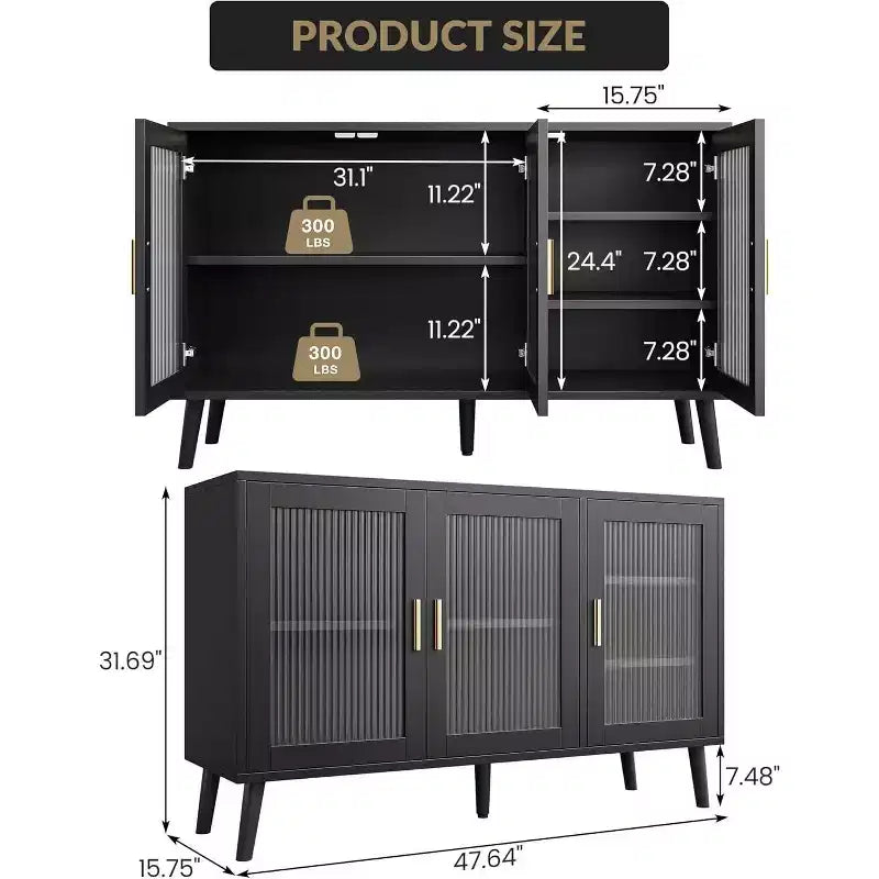 Acekool 48 Large TV Console Storage Cabinet, Modern Stand with 3 Fluted Glass Doors, 5 Adjustable Shelves, Black for Living Room