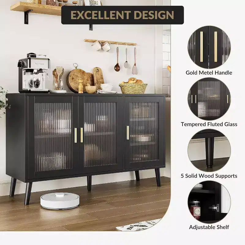 Acekool 48 Large TV Console Storage Cabinet, Modern Stand with 3 Fluted Glass Doors, 5 Adjustable Shelves, Black for Living Room