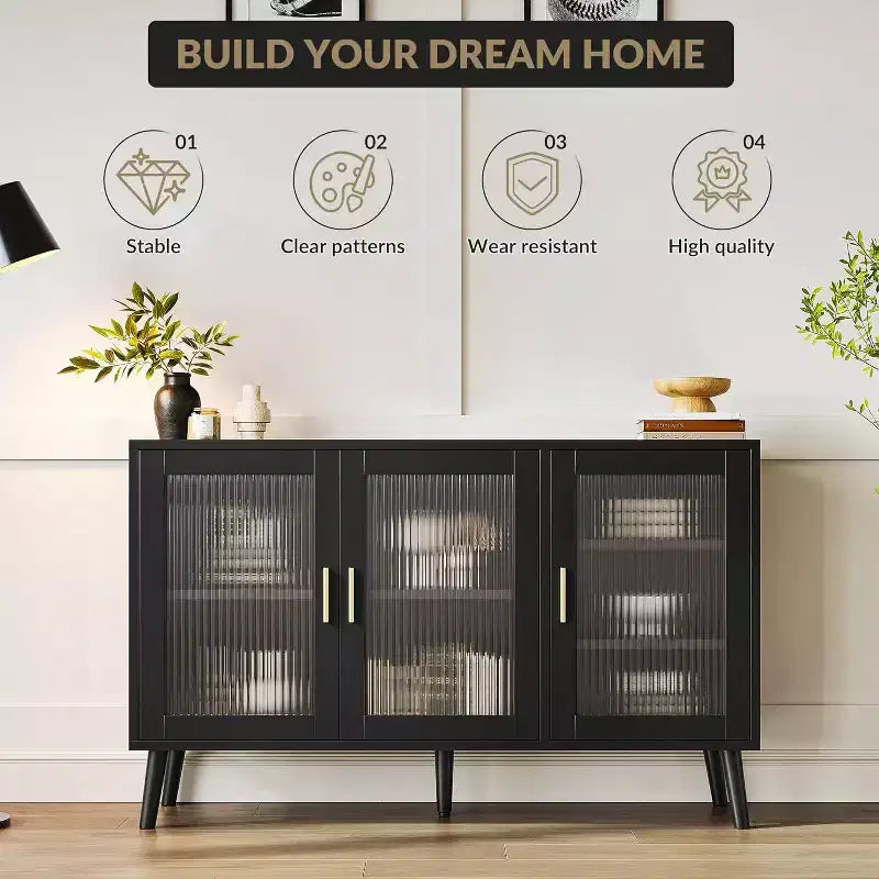 Acekool 48 Large TV Console Storage Cabinet, Modern Stand with 3 Fluted Glass Doors, 5 Adjustable Shelves, Black for Living Room