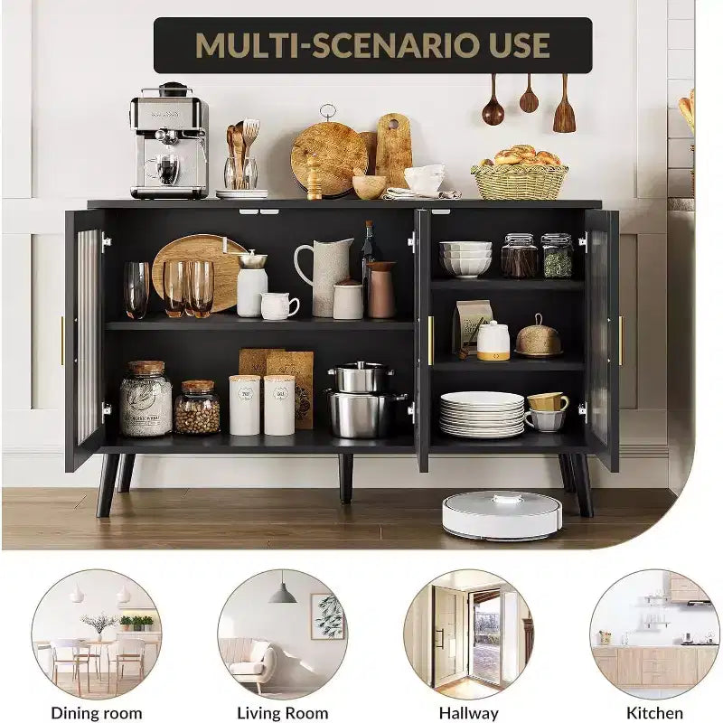 Acekool 48 Large TV Console Storage Cabinet, Modern Stand with 3 Fluted Glass Doors, 5 Adjustable Shelves, Black for Living Room
