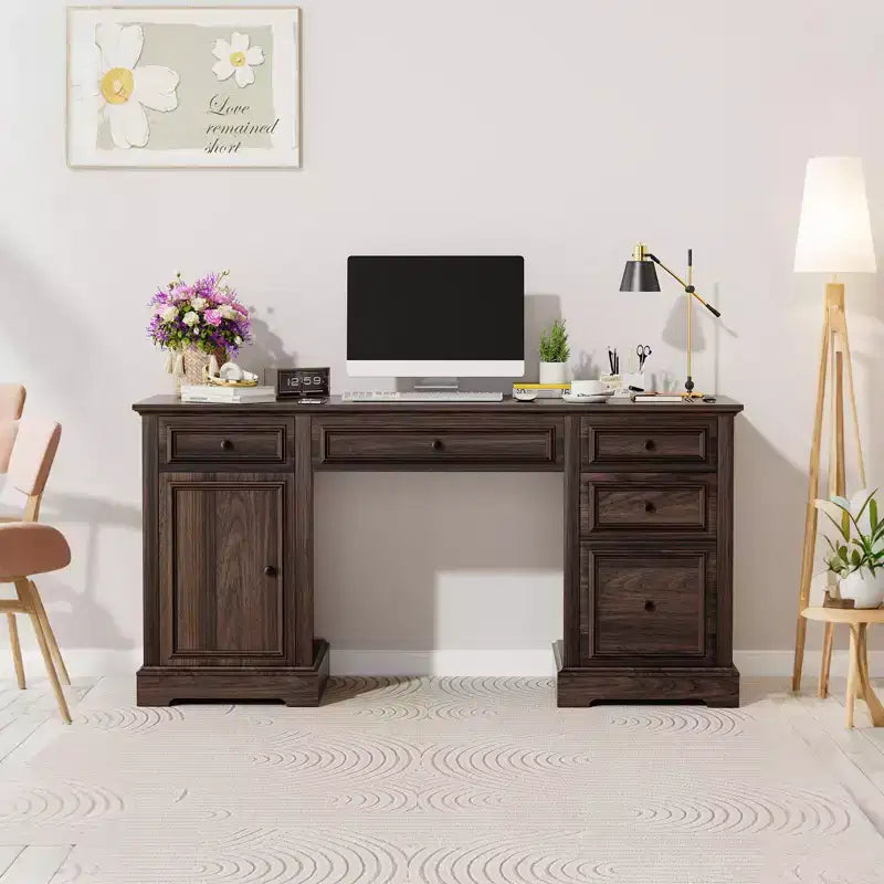 Dyonery 60 Bureau de direction de ferme avec tiroirs et armoire, bureau d'ordinateur de style rustique avec texture en bois gaufré, marron