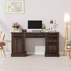 Dyonery 60 Bureau de direction de ferme avec tiroirs et armoire, bureau d'ordinateur de style rustique avec texture en bois gaufré, marron