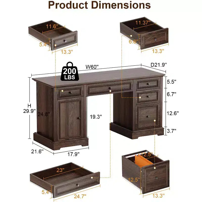 Dyonery 60 Bureau de direction de ferme avec tiroirs et armoire, bureau d'ordinateur de style rustique avec texture en bois gaufré, marron
