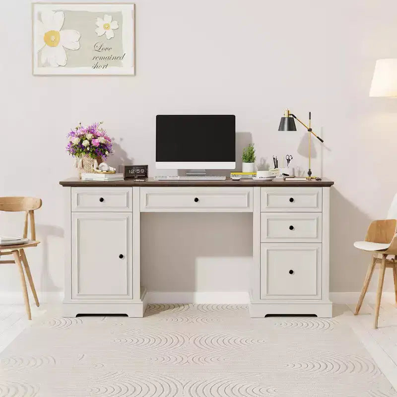 Dyonery 60 Bureau de direction de ferme avec tiroirs et armoire, bureau d'ordinateur de style rustique avec texture en bois gaufré, marron