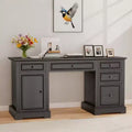 Dyonery 60 Farmhouse Executive Desk with Drawers and Cabinet, Embossed Texture Wood Home Office Desk, Rustic Computer Writing Desk, Brown