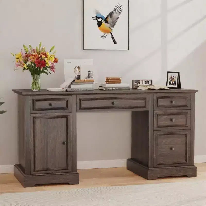 Dyonery 60 Bureau de direction de ferme avec tiroirs et armoire, bureau d'ordinateur de style rustique avec texture en bois gaufré, marron