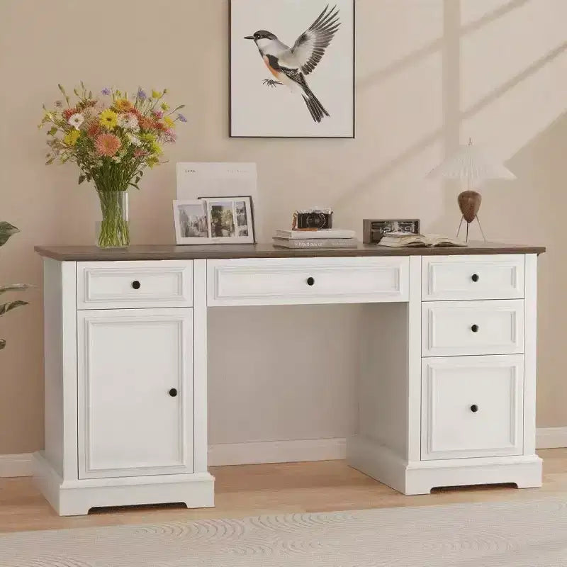Dyonery 60 Bureau de direction de ferme avec tiroirs et armoire, bureau d'ordinateur de style rustique avec texture en bois gaufré, marron