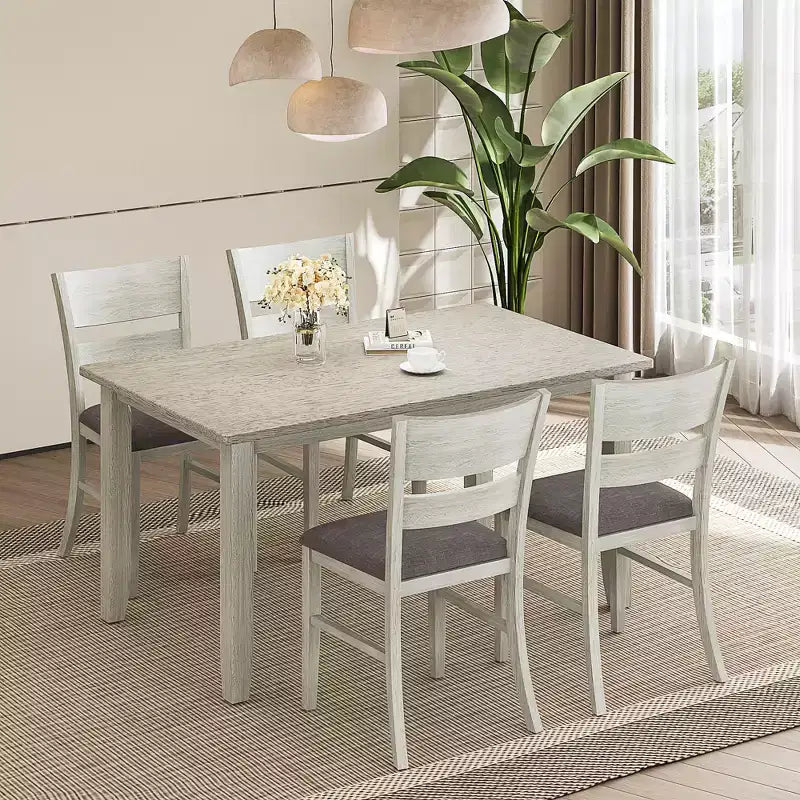 VECELO Farmhouse Style Dining Table Set, Rubber Wood Table with 4/6 Upholstered Dining Chairs, Gray