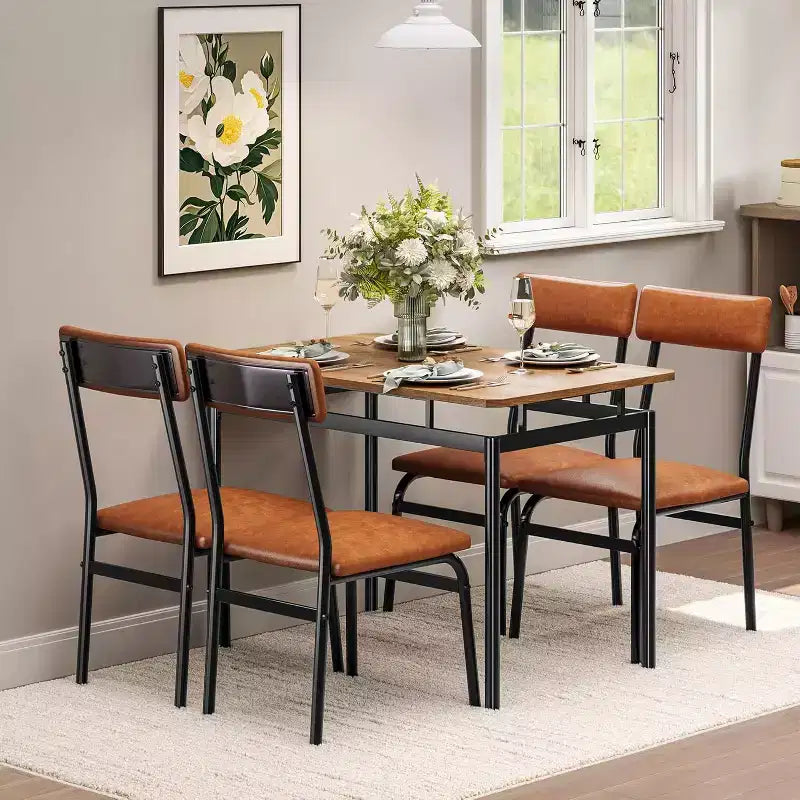 5-Piece Dining Table Set, Brown Wood Kitchen Table with 4 PU Upholstered Chairs, Space-Saving Metal Frame Dinette, for Dining Room