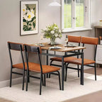 5-Piece Dining Table Set, Brown Wood Kitchen Table with 4 PU Upholstered Chairs, Space-Saving Metal Frame Dinette, for Dining Room