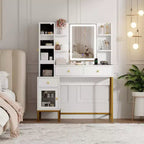 Makeup Vanity with Lighted Mirror, Vanity Desk with Lights in 3 Colors, White Vanity Table with Charging Station, Visible Cabinet with Led Lights