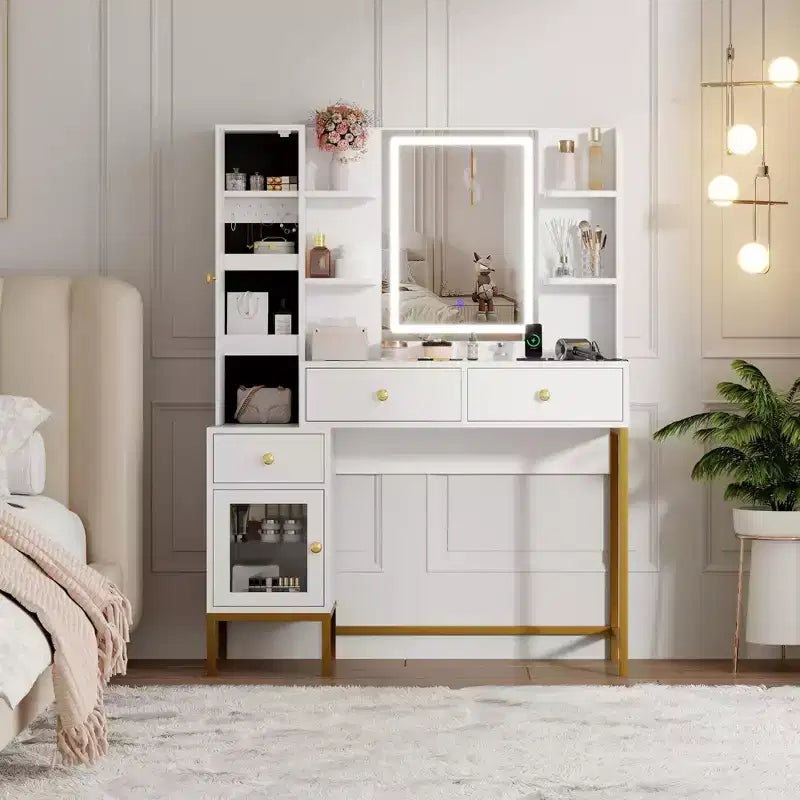 Makeup Vanity with Lighted Mirror, Vanity Desk with Lights in 3 Colors, White Vanity Table with Charging Station, Visible Cabinet with Led Lights