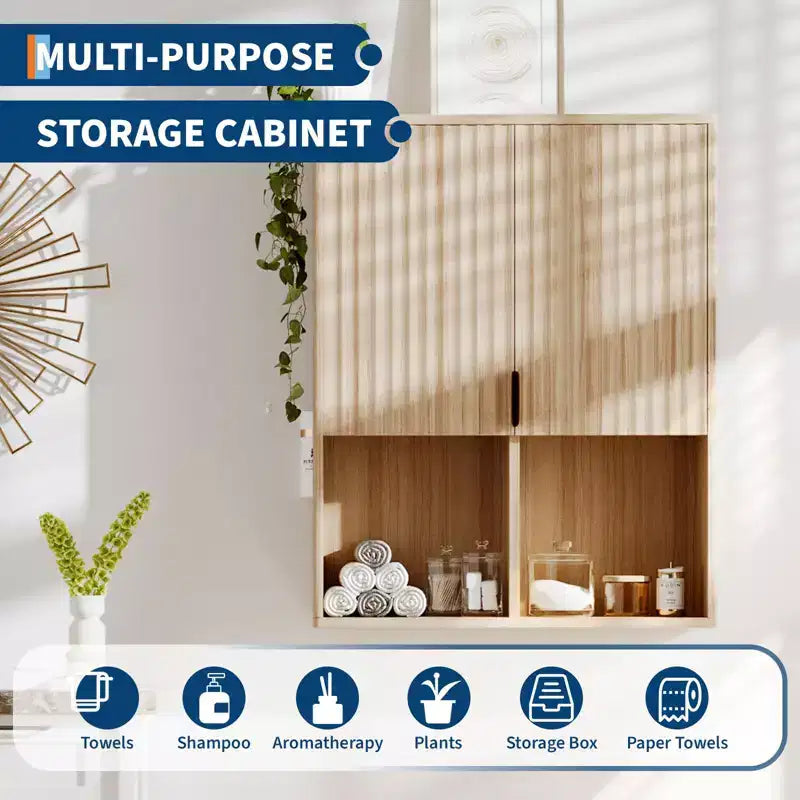 Meuble Haut de Salle de Bain Moderne, Armoire à Pharmacie en Bois Cannelé avec Étagères Réglables, Meuble de Rangement Gain de Place Au-Dessus des Toilettes, Armoire de Rangement Murale Flottante