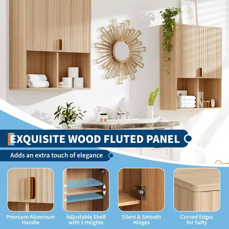 Meuble Haut de Salle de Bain Moderne, Armoire à Pharmacie en Bois Cannelé avec Étagères Réglables, Meuble de Rangement Gain de Place Au-Dessus des Toilettes, Armoire de Rangement Murale Flottante