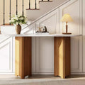 MAYEERTY Narrow Console Table with Oval Faux Marble Top Rustic Sofa Table with Curved Legs for Living Room Natural White
