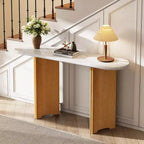 MAYEERTY Narrow Console Table with Oval Faux Marble Top Rustic Sofa Table with Curved Legs for Living Room Natural White