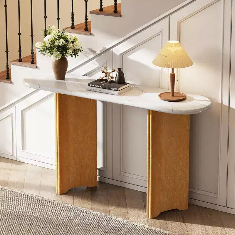 MAYEERTY Narrow Console Table with Oval Faux Marble Top Rustic Sofa Table with Curved Legs for Living Room Natural White