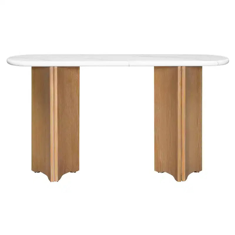 MAYEERTY Narrow Console Table with Oval Faux Marble Top Rustic Sofa Table with Curved Legs for Living Room Natural White