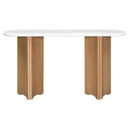 MAYEERTY Narrow Console Table with Oval Faux Marble Top Rustic Sofa Table with Curved Legs for Living Room Natural White