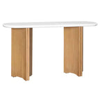 MAYEERTY Narrow Console Table with Oval Faux Marble Top Rustic Sofa Table with Curved Legs for Living Room Natural White