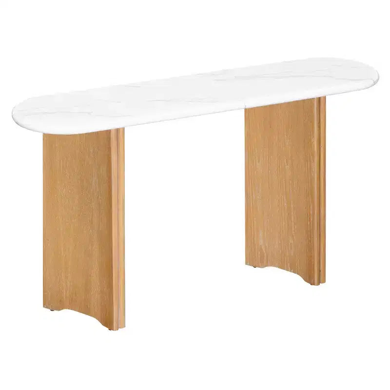 MAYEERTY Narrow Console Table with Oval Faux Marble Top Rustic Sofa Table with Curved Legs for Living Room Natural White