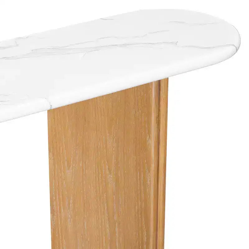 MAYEERTY Narrow Console Table with Oval Faux Marble Top Rustic Sofa Table with Curved Legs for Living Room Natural White