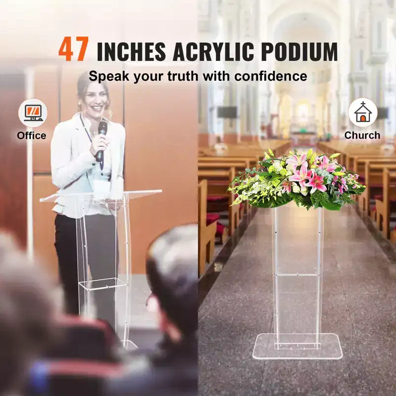 VEVOR Acrylic Podium, 47 Clear Acrylic Podium Stand with Wide Reading Surface & Storage Shelf, Floor-standing Clear Pulpits Acrylic, Clear