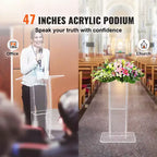 VEVOR Acrylic Podium, 47 Clear Acrylic Podium Stand with Wide Reading Surface & Storage Shelf, Floor-standing Clear Pulpits Acrylic, Clear